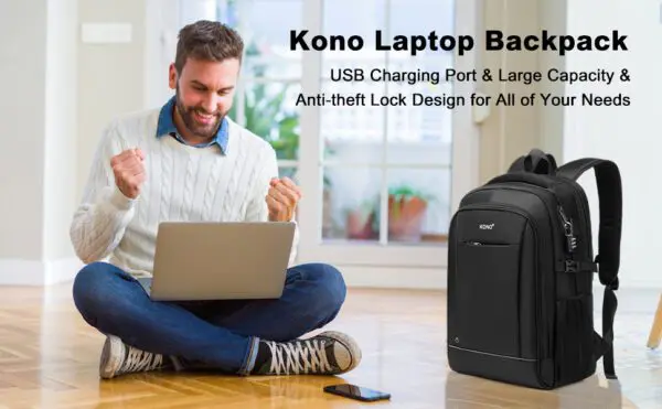 KONO Bakpoki USB Svartur KONO Svartur með festingu fyrir ferðatösku.Og USB hleðslu port.Og 13.5″ fartölvu hólf og Spjaldtölvu. Lás fylgir. Stærð H 48 cm B 33 cm Þ 10 cm