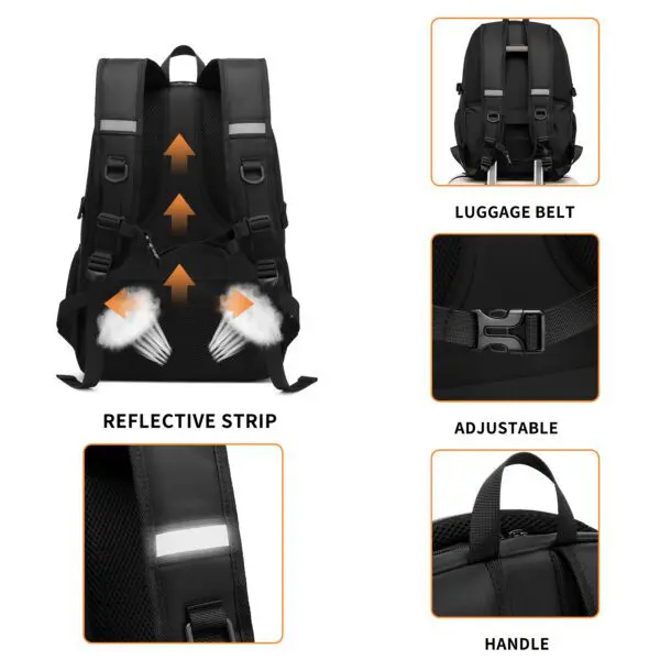 KONO Bakpoki USB Svartur KONO Svartur með festingu fyrir ferðatösku.Og USB hleðslu port.Og 13.5″ fartölvu hólf og Spjaldtölvu. Lás fylgir. Stærð H 48 cm B 33 cm Þ 10 cm