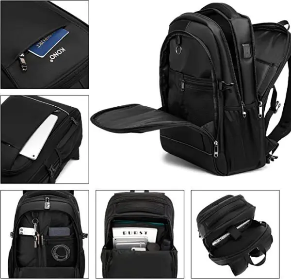 KONO Bakpoki USB Svartur KONO Svartur með festingu fyrir ferðatösku.Og USB hleðslu port.Og 13.5″ fartölvu hólf og Spjaldtölvu. Lás fylgir. Stærð H 48 cm B 33 cm Þ 10 cm