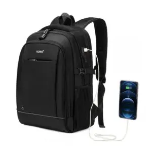 KONO Bakpoki USB Svartur KONO Svartur með festingu fyrir ferðatösku.Og USB hleðslu port.Og 13.5″ fartölvu hólf og Spjaldtölvu. Lás fylgir. Stærð H 48 cm B 33 cm Þ 10 cm