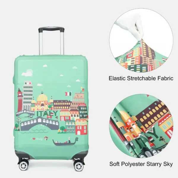 Bættu ferðaupplifun þína með farangurshlífinni okkar, hannað fyrir bæði virkni og endingu.Efni: Spandex og Polyester. Þessi blanda nýtir sér mikla mýkt spandex og endingu pólýesters, sem tryggir fjaðrandi og teygjanlega hlíf sem passar vel utan um farangur þinn. Hentar fyrir farangursstærðir á milli 26-28 tommur eða með 79-95 lítra rúmtak