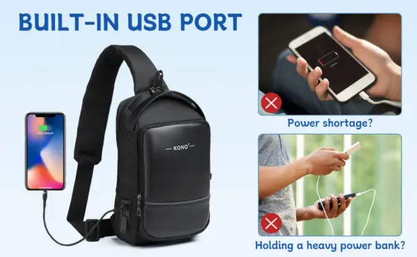 KONO Smart Sling brjóstpoki með USB hleðslutengi Svartur - Image 2