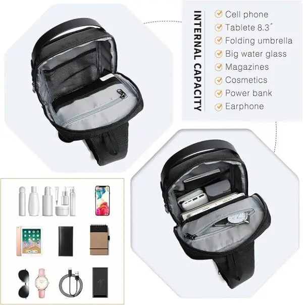 KONO Smart Sling brjóstpoki með USB hleðslutengi Svartur - Image 8