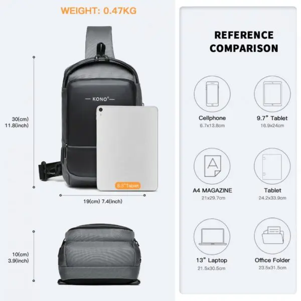 KONO Smart Sling brjóstpoki með USB hleðslutengi Grár og Svartur - Image 4