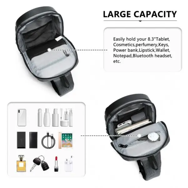 KONO Smart Sling brjóstpoki með USB hleðslutengi Grár og Svartur - Image 5