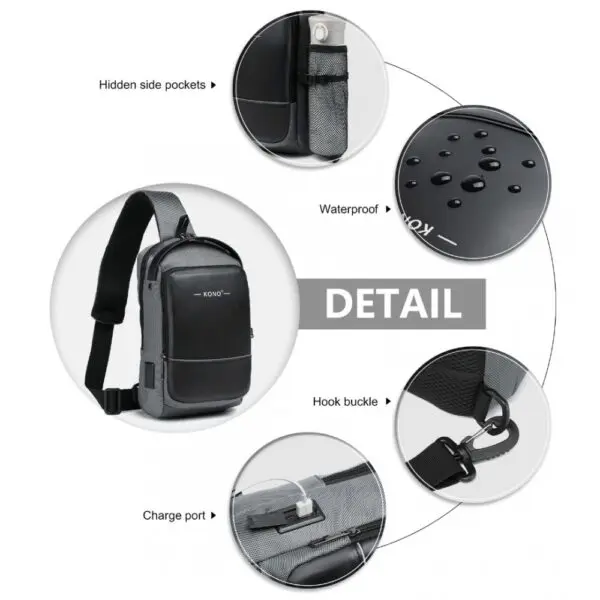 KONO Smart Sling brjóstpoki með USB hleðslutengi Grár og Svartur - Image 6