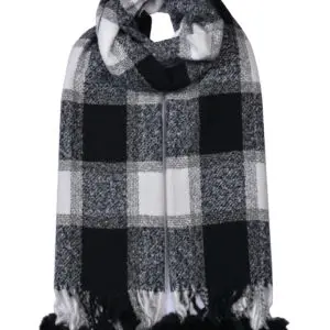 Vetrarsjal úr kasmírblöndu með rúðóttu mynstri og pompoms Svart/Hvítt