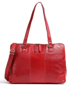 The Chesterfield Resa Leður Rauð Stílhrein leðurtaska fyrir dömur með fartölvuhólf. Úr buff molduðu leðri með fallegu antik áferð. Þessi leður dömutaska er með rúmgott aðalhólf með rennilásum sem liggja alla leið niður í töskuna. Þetta skapar breiða opnun. Aðalhólfið skiptist í þrjá hluta, þar á meðal einn hluti með rennilás. Ennfremur er aðalhólfið með styrktu 13 tommu fartölvuhólf, skipulag til að geyma penna, kort og snjallsíma og auka rennilása hólf. Með töskunni fylgir axlaról sem hægt er að taka af. Þessi leður dömutaska er úr antík buff crumble leðri. Einkennandi fyrir þessa 13 tommu fartölvuhólf tegund af leðri er að leðrið er mjög slétt með fallegum tveggja tóna litaáhrifum.